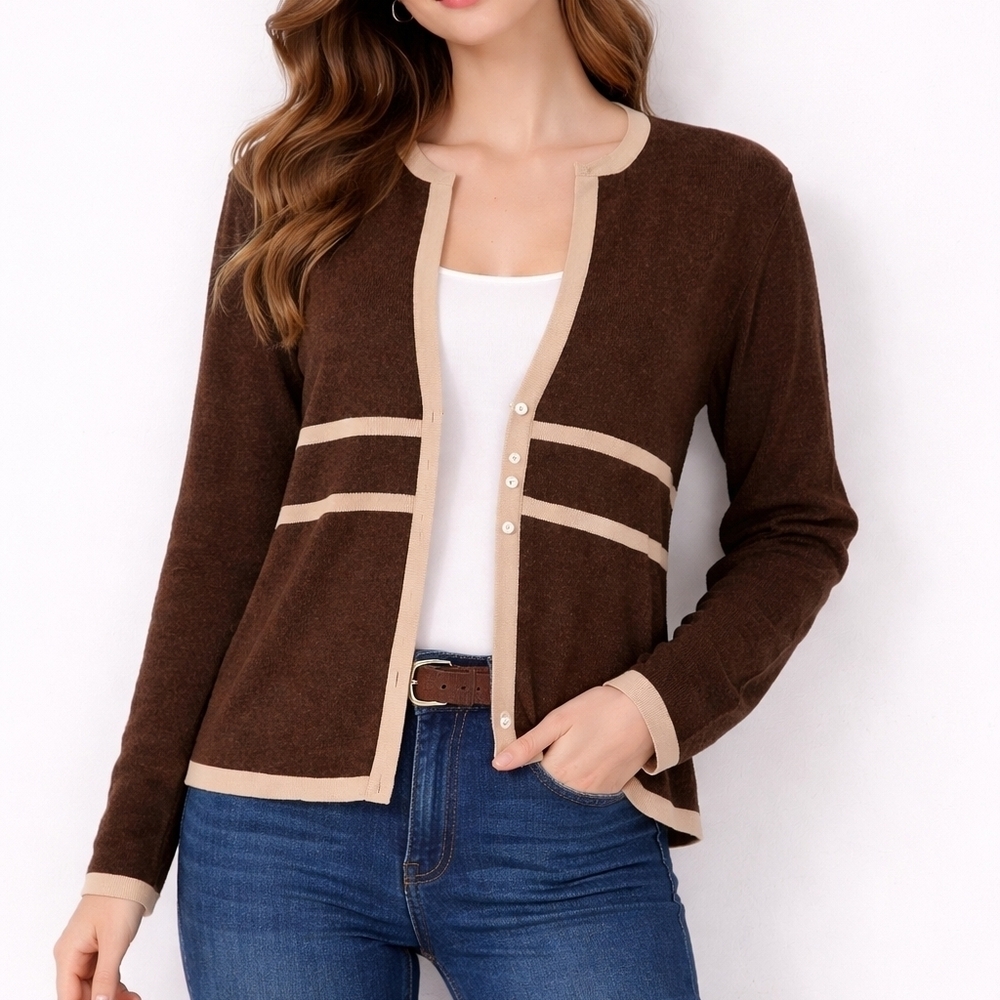 DRESSBARN Brown Collarless Preppy Varsity Long Sleeve Cardigan